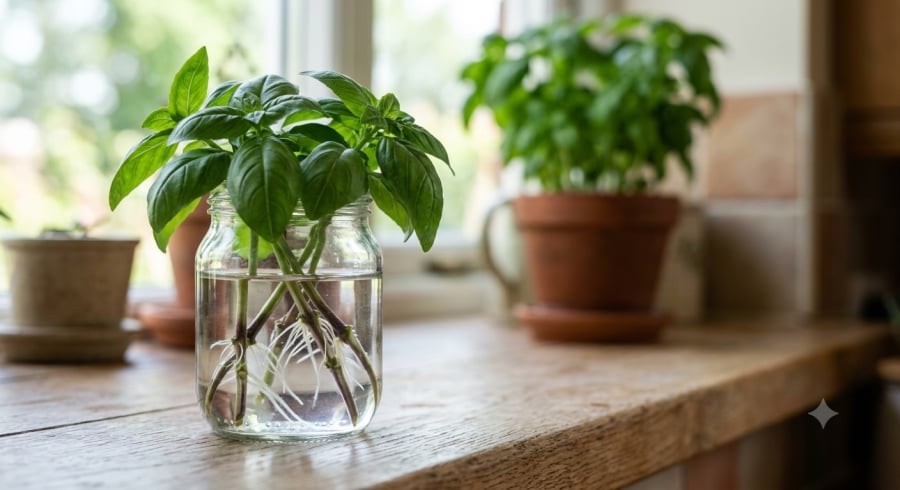 Cành húng quế khỏe có thể dễ dàng ra rễ khi giâm trong nước trước khi chuyển sang trồng đất.