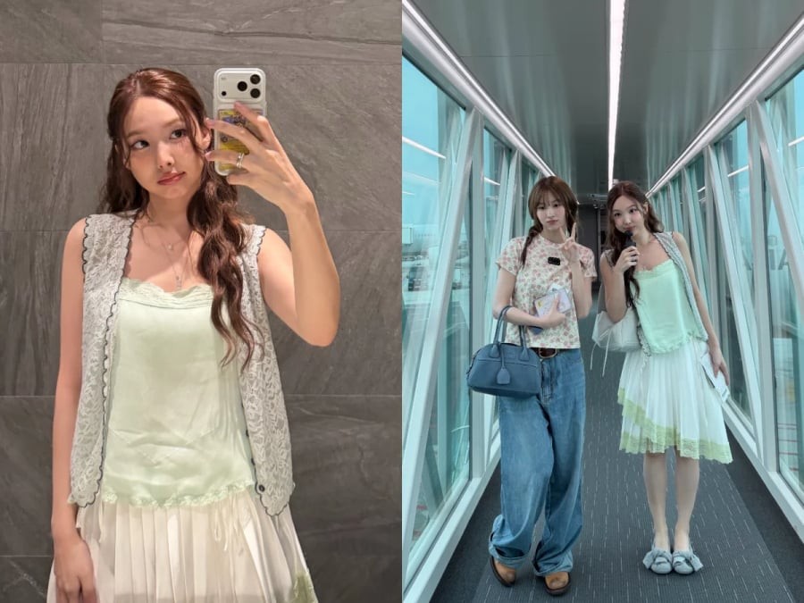 Trong một lần xuất hiện tại sân bay, thành viên TWICE gây chú ý với trang phục mang sắc xanh bạc hà dịu nhẹ, kết hợp cùng chân váy trắng có những chi tiết xanh tương đồng và giày búp bê.