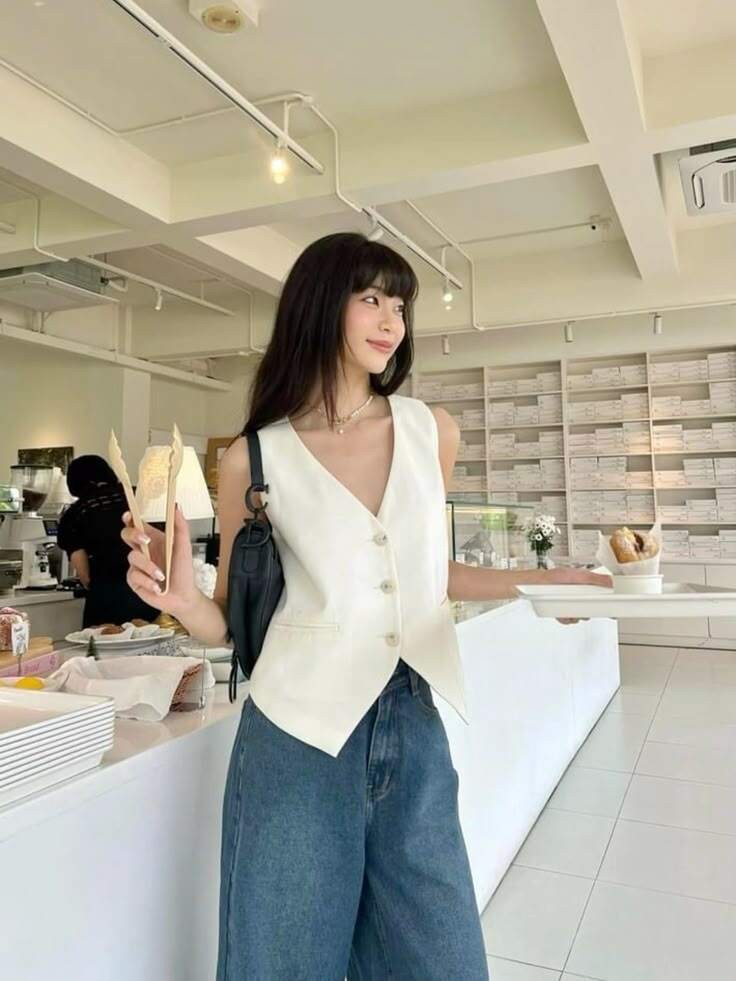 Thiết kế không tay tạo cảm giác gọn gàng, trong khi phần cổ và đường cắt may mang đến nét chỉn chu đặc trưng của trang phục công sở.