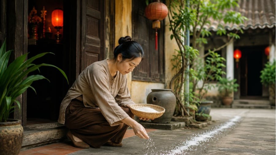 Rắc muối gạo quanh nhà là việc dễ thấy trong tháng 7 âm lịch
