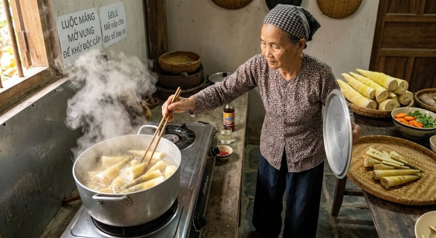  Trong suốt quá trình luộc hay chế biến măng tươi, bạn bắt buộc phải mở nắp nồi. Việc này giúp chất độc Cyanide dễ dàng bốc hơi theo hơi nước ra ngoài thay vì ngấm ngược trở lại vào măng.