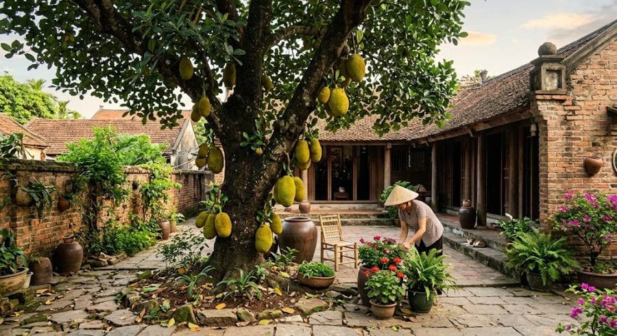 Hình ảnh cây mít sai trĩu quả, từng chùm quả to tròn mọc ken đặc từ gốc đến cành tượng trưng cho sự sinh sôi nảy nở, tài lộc dồi dào.