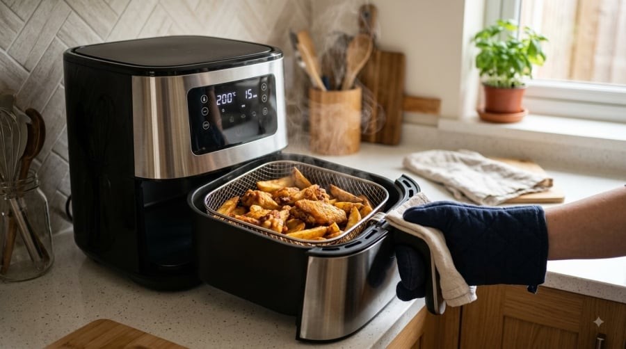Có thể mở nồi chiên không dầu giữa quá trình nấu để kiểm tra hoặc đảo thức ăn, nhưng nên thao tác nhanh và đóng khay lại ngay.