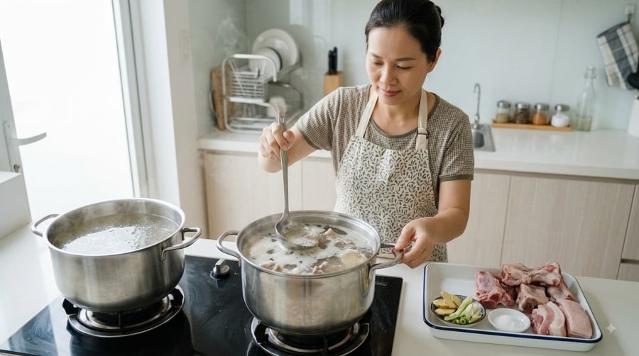 Vớt bọt giúp nước dùng trong hơn và món ăn trông hấp dẫn hơn.
