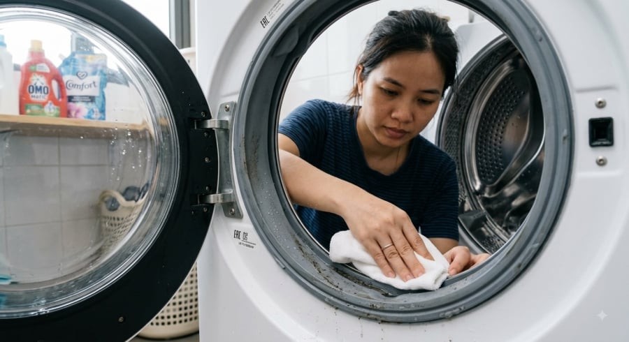 Gioăng cao su quanh cửa cần được vệ sinh thường xuyên để hạn chế cặn bẩn và mùi ẩm mốc.