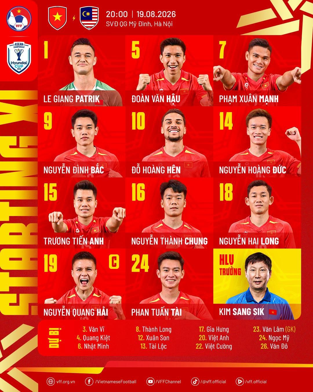 Đội hình ra sân của tuyển Việt Nam. Ảnh: VFF.