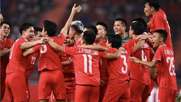 Việt Nam ăn mừng chiến thắng tại Rajamangala ở AFF Cup 2024. (Ảnh: VFF)