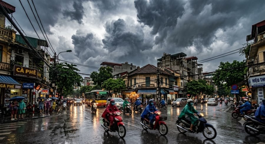 Mây đối lưu phát triển tại nhiều khu vực ở Hà Nội, gây mưa rào và dông, có nguy cơ xuất hiện lốc, sét, gió giật mạnh.