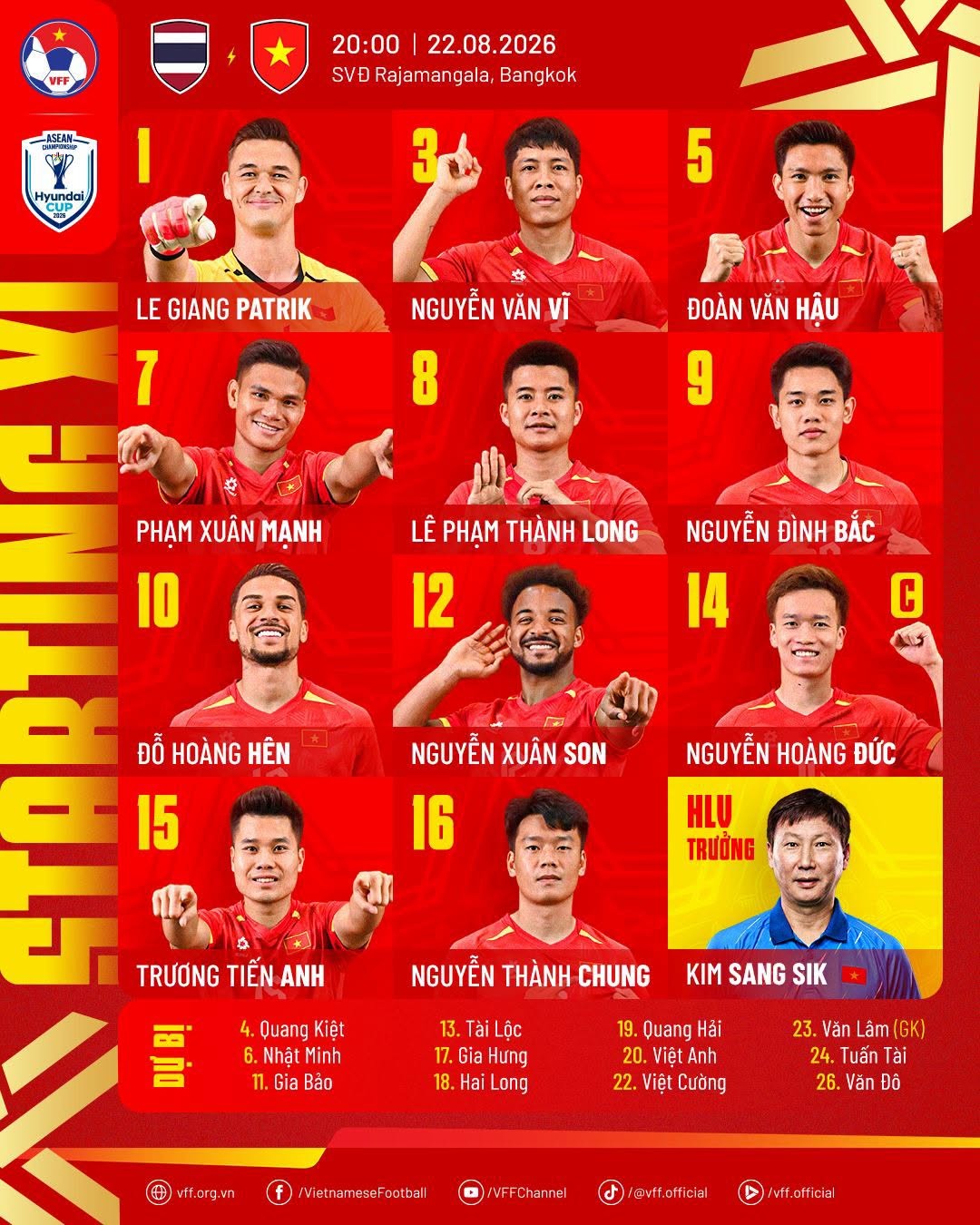 Đội hình ra sân của Việt Nam. Ảnh: VFF.