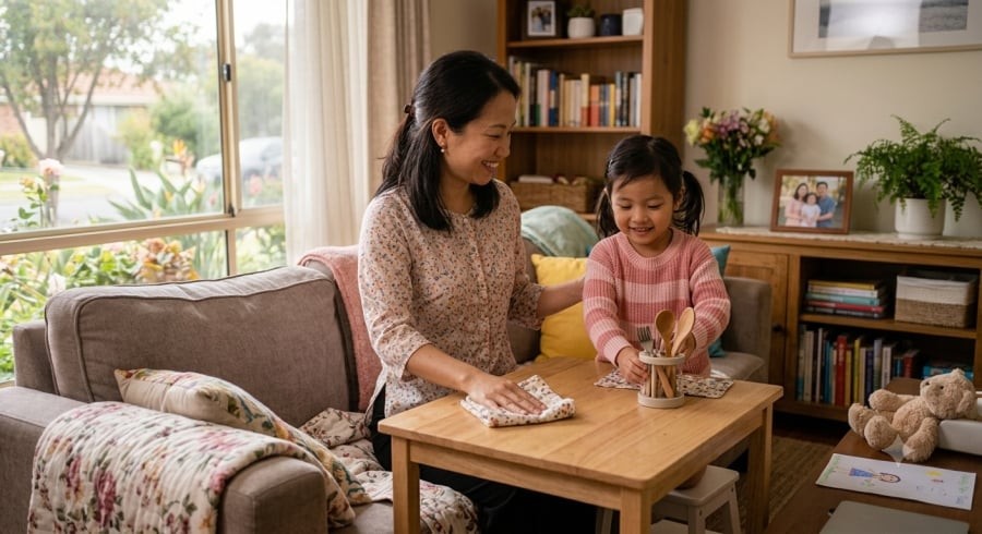 Từ những việc nhỏ mỗi ngày, trẻ dần học cách sẻ chia, trách nhiệm và trân trọng công sức của cha mẹ.