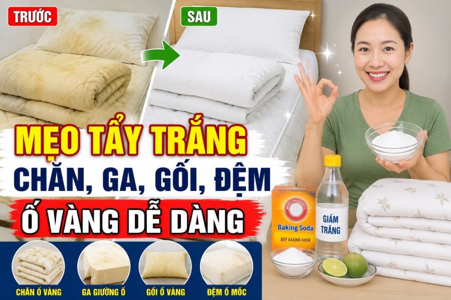Với chăn, ga hoặc vỏ gối có thể giặt bằng máy, trước tiên hãy phủ một lớp baking soda mỏng lên vùng bị ố. Để khoảng 15-30 phút rồi phủi hoặc giũ nhẹ.