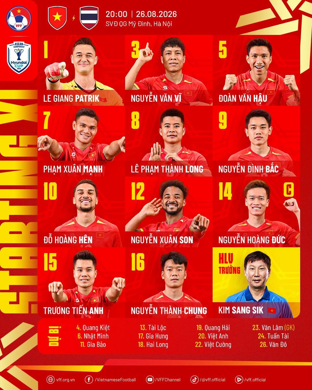 Đội hình ra sân của tuyển Việt Nam. Ảnh: VFF.