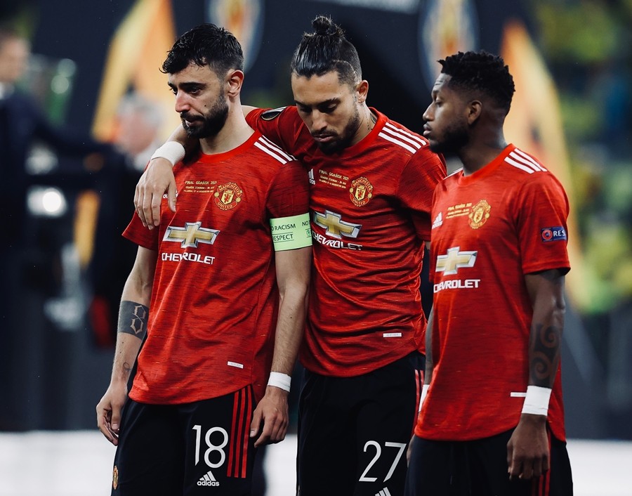 Man United thất vọng sau khi để thua Villarreal sau loạt luân lưu ở chung kết Europa League năm 2021. Ảnh: Manchester United FC.