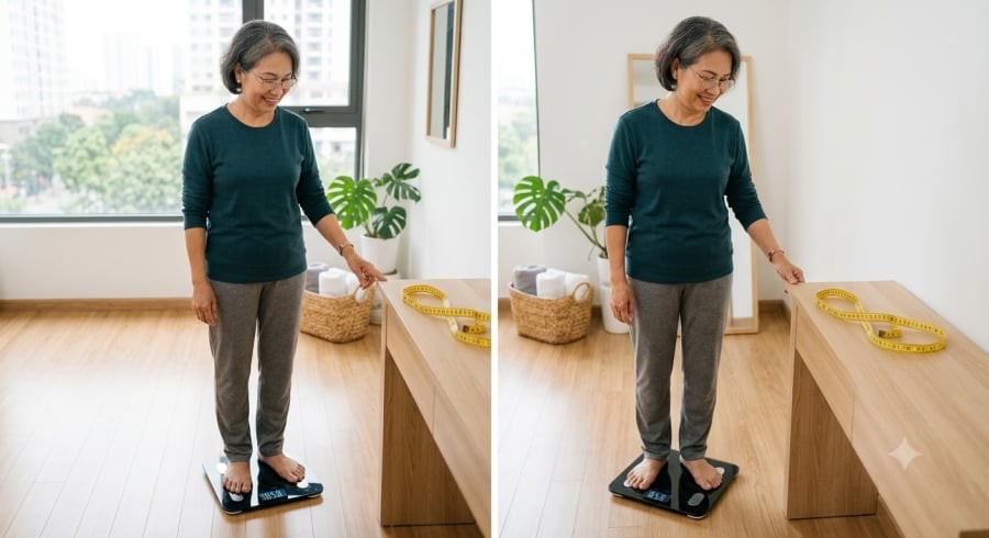 Theo dõi cân nặng và vòng eo định kỳ là một cách đơn giản để chủ động quan tâm đến sức khỏe khi tuổi càng cao.