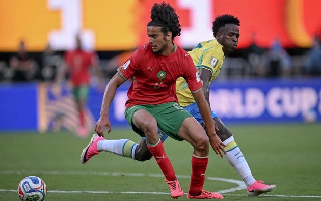 Bouaddi đã gây ấn tượng khi Morocco cầm hòa Brazil ở World Cup. (Ảnh: Mauro Pimentel/Getty Images)