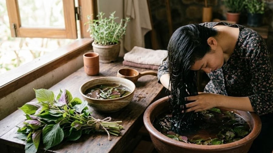 Gội đầu bằng nước lá tía tô là cách dễ thực hiện, ai cũng có thể áp dụng được.