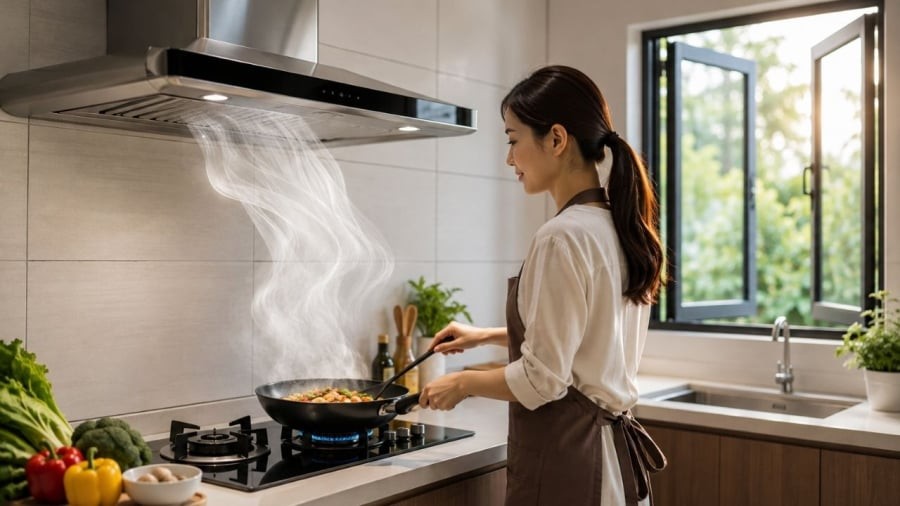Nên đóng hay mở cửa khi bật máy hút mùi