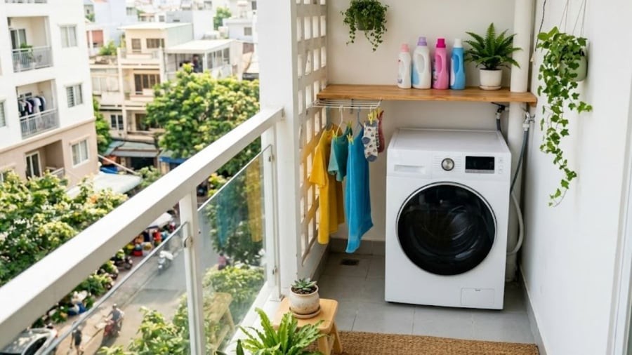 Bạn có thể đặt máy giặt ở ban công nhưng cần tránh nơi có nắng chiếu trực tiếp hoặc bị mưa hắt.