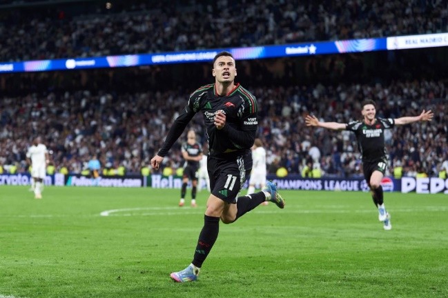 Gabriel Martinelli sau khi ghi bàn tại sân Bernabeu vào tháng 4 năm 2025. Ảnh: Mateo Villalba/Getty Images.