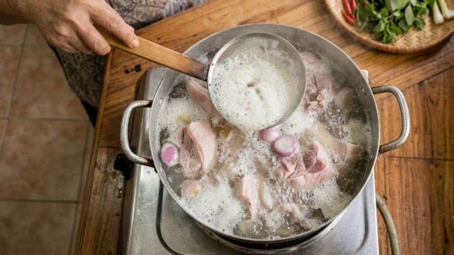 Bạn có thể vớt phần bọt lớn nổi lên khi mới bắt đầu luộc thịt.