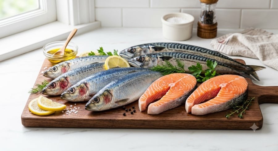 Cá hồi, cá mòi, cá trích và một số loại cá thu là những nguồn cung cấp omega-3 đáng cân nhắc trong chế độ ăn.