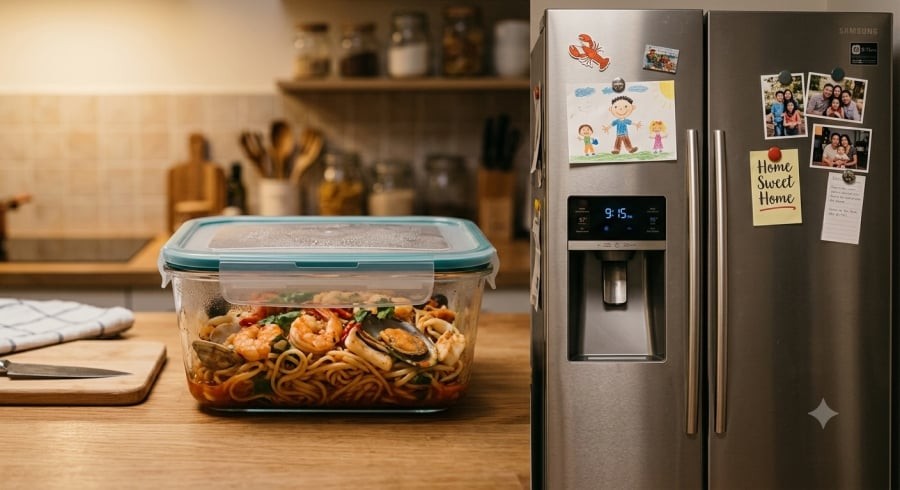 Mì hải sản và các món giàu đạm, độ ẩm cao cần được bảo quản đúng cách nếu muốn sử dụng lại.