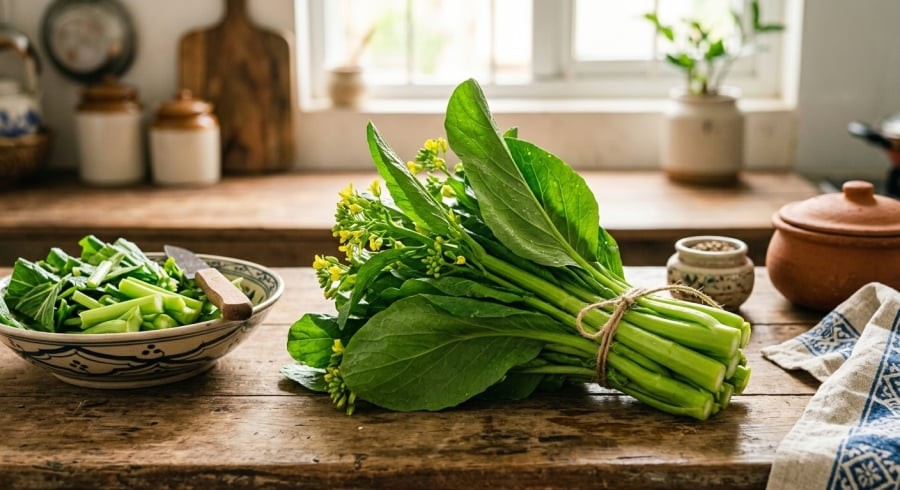 Cải ngồng có thân non giòn, vị ngọt nhẹ và được sử dụng trong nhiều món ăn quen thuộc.