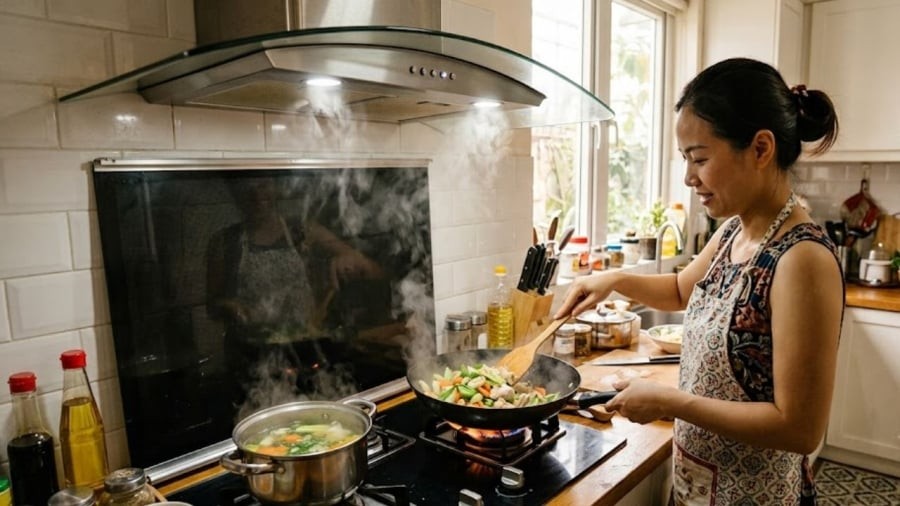 Bạn nên bật máy hút mùi ngay khi bắt đầu nấu. Ngoài ra, nên mở hé cửa sổ, cửa ban công để tăng cường lưu thông không khí trong bếp.