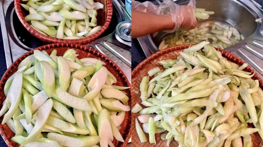 Dọc mùng tước vỏ, thái vát rồi bóp với muối để loại bỏ các chất gây ngứa.