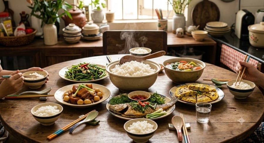 Một bữa cơm cân đối không nên chỉ tập trung vào cơm mà cần kết hợp đa dạng rau củ và thực phẩm giàu đạm.