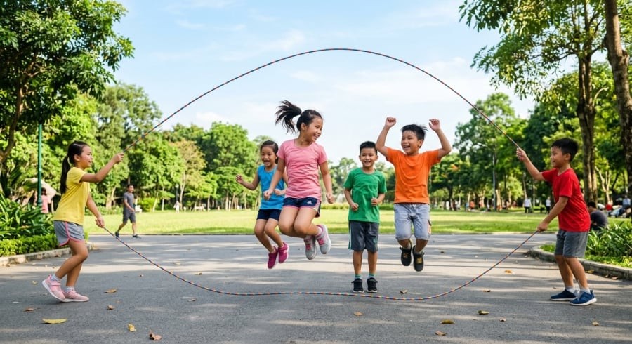Nhảy dây là hoạt động đơn giản giúp trẻ tăng cường vận động và rèn sức bền.