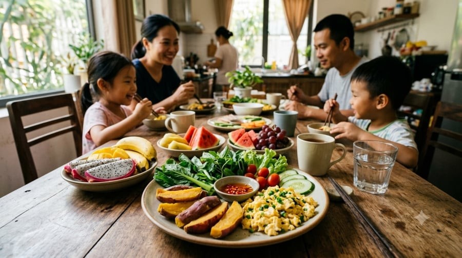 Bổ sung rau xanh hoặc trái cây giúp bữa sáng với khoai lang và trứng đa dạng, cân bằng hơn.