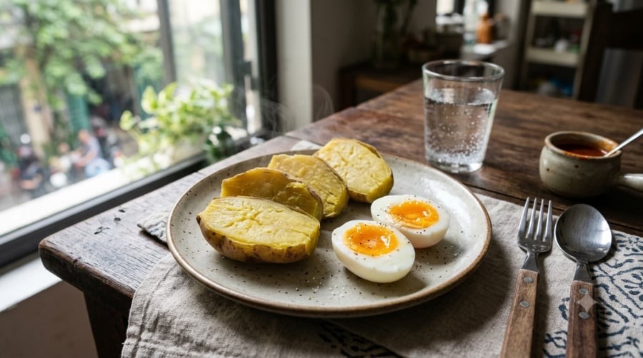 Khoai lang và trứng có thể kết hợp thành bữa sáng đơn giản, cung cấp cả carbohydrate, chất xơ và protein.