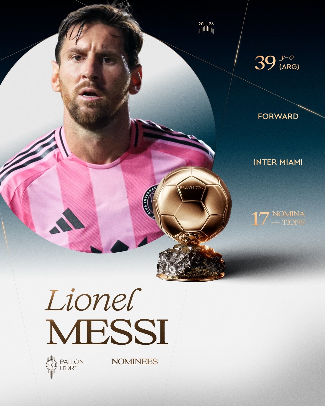 Lionel Messi là 1 trong 30 ứng viên cho danh hiệu Quả bóng Vàng nam 2026. Ảnh: Ballon d'Or/X.com.