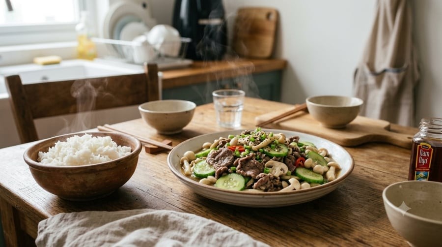 Thịt bò mềm, nấm ngọt thơm kết hợp cùng dưa chuột giòn mát, rất hợp dùng với cơm nóng.