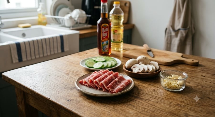 Ba nguyên liệu chính gồm thịt bò, dưa chuột và nấm mỡ tạo nên món xào đơn giản, nhanh gọn.