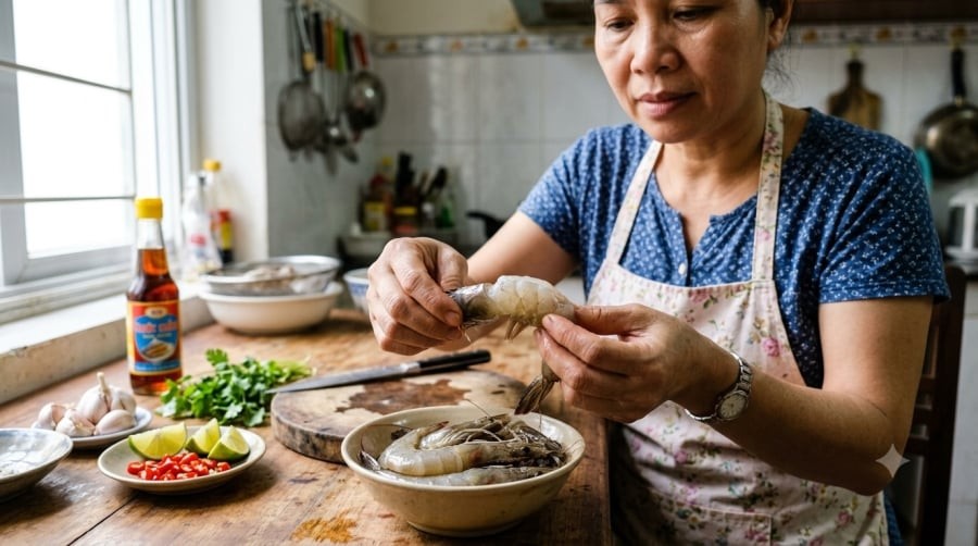 Kiểm tra mùi, độ săn chắc của thịt và tình trạng bảo quản là những bước quan trọng trước khi chế biến tôm.
