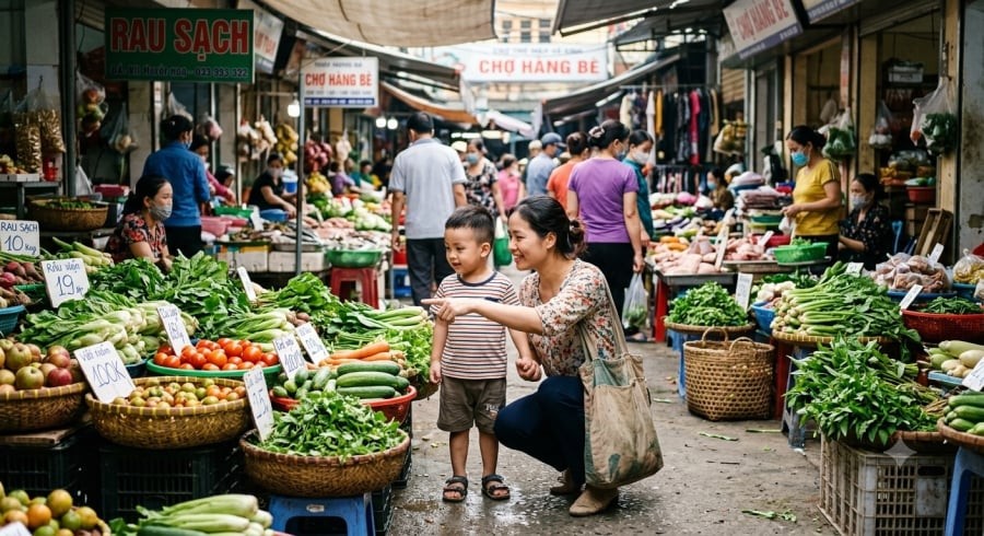 Một buổi đi chợ cùng cha mẹ cũng có thể trở thành bài học sinh động về tiền bạc và cuộc sống.