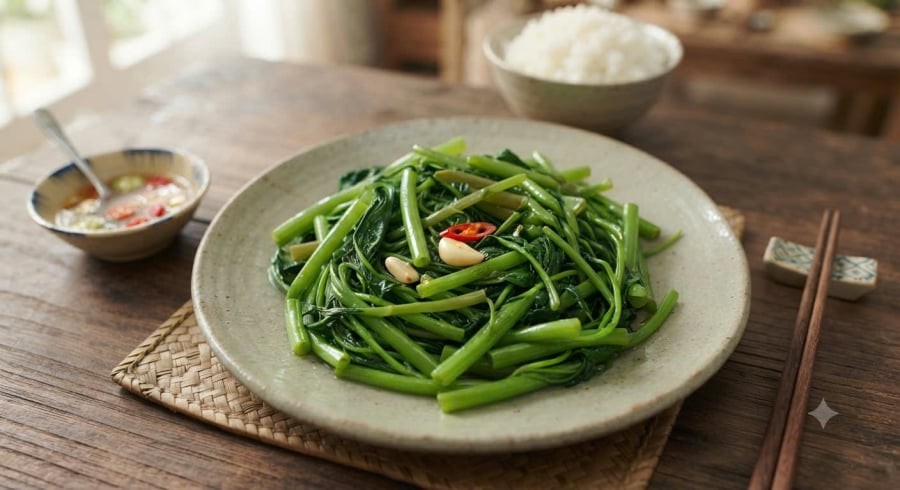 Luộc rau muống xanh mướt