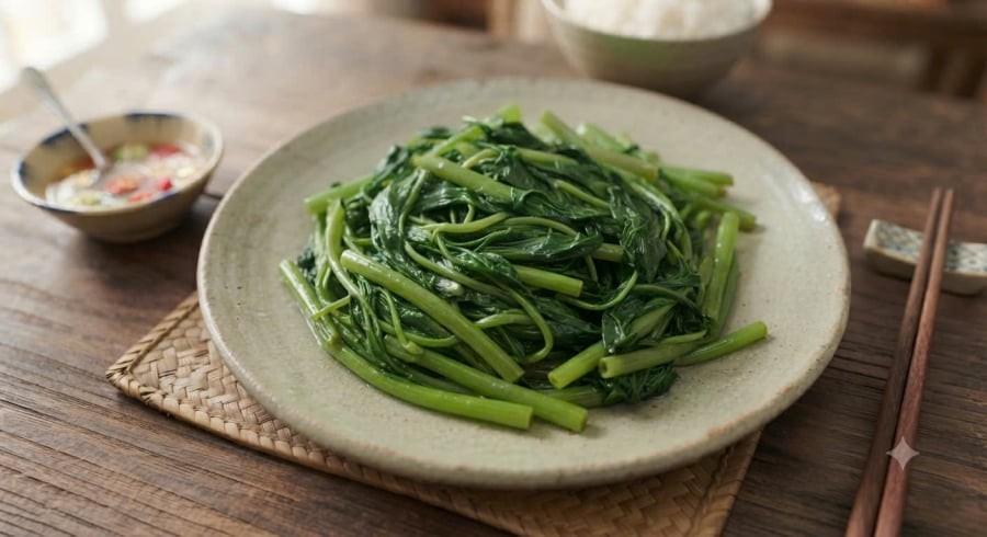 Luộc rau muống xanh mướt