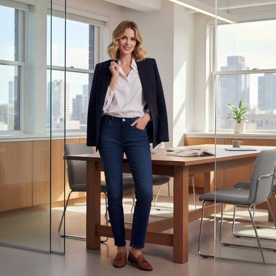Jeans xanh đậm phối cùng blazer giúp bộ trang phục thêm chỉn chu, sang trọng mà vẫn giữ nét năng động.