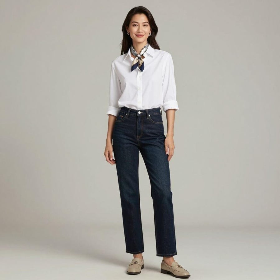 Jeans tối màu đi cùng giày da và phụ kiện tối giản mang đến vẻ ngoài tinh tế, thanh lịch theo phong cách old money.