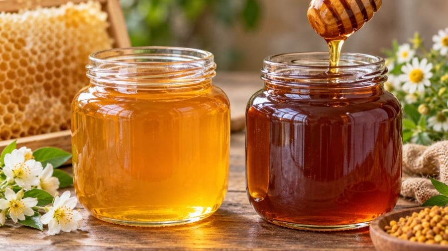 Mật ong chuyển từ vàng hổ phách sang nâu sậm, thậm chí đen dần