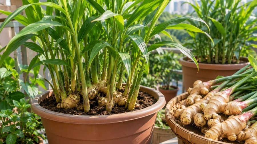 Chậu gừng vừa làm cảnh vừa có công dụng làm nguyên liệu trong ẩm thực