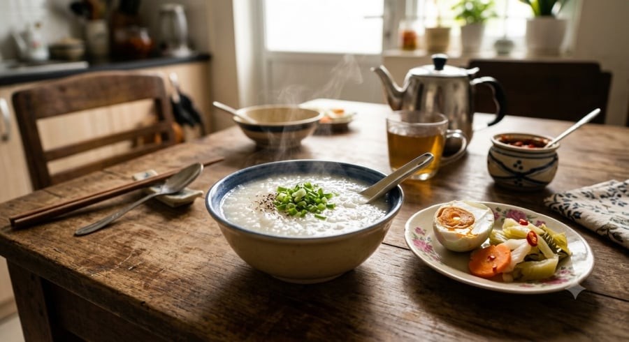 Cháo trắng ăn kèm thực phẩm mặn có thể khiến bữa sáng nhiều tinh bột và muối, người tiểu đường nên chú ý khẩu phần.