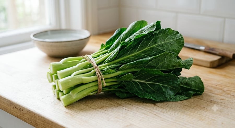 Cải làn có phần thân giòn ngọt, lá hơi đắng và chứa nhiều vitamin, khoáng chất cùng chất xơ.