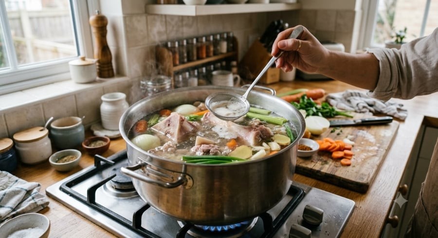 Chần và rửa sạch xương trước khi ninh là bước quan trọng giúp hạn chế bọt và cặn làm đục nước dùng.