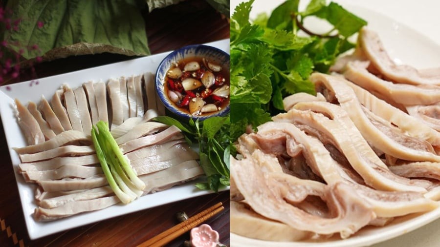 Dạ dày luộc vừa chín tới, vớt ra và ngâm ngay trong bát nước đá sau đó thái thành miếng vừa ăn và bày lên đĩa.