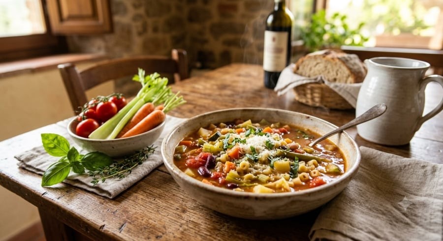 Minestrone kết hợp nhiều loại rau củ và đậu, tạo nên món ăn giàu chất xơ và protein thực vật trong chế độ ăn kiểu Địa Trung Hải.