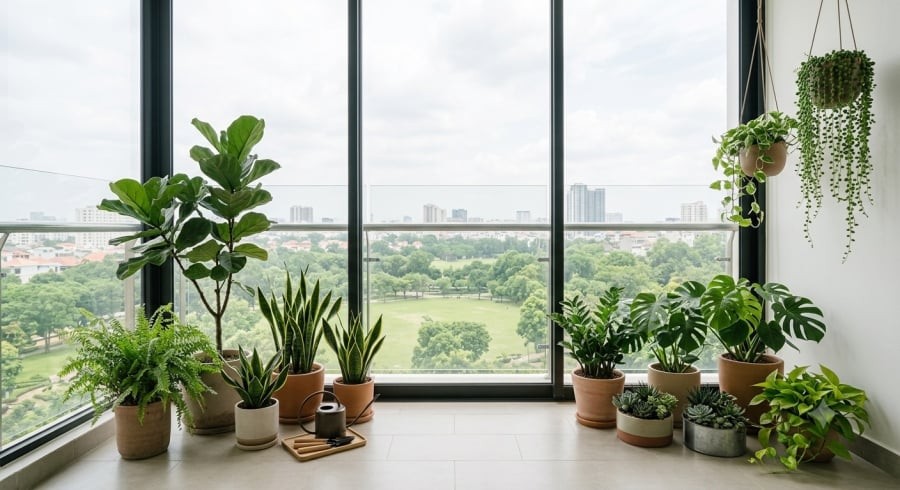 Ban công là vị trí được nhiều gia đình lựa chọn để trồng cây, vừa tận dụng ánh sáng tự nhiên vừa tạo một khoảng xanh đẹp mắt cho ngôi nhà.